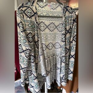 Lularoe sz L open front cardigan western inspired tan blue multicolor